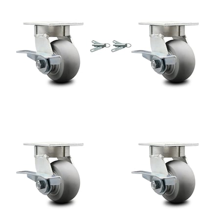 Service Caster 4 Inch Kingpinless Thermoplastic Rubber Wheel Caster Brakes 2 Swivel Locks, 4PK SCC-KP30S420-TPRRD-SLB-BSL-2-SLB-2